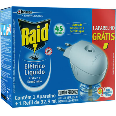 INSETICIDA RAID ELETRICO 45 NOITES REFIL 33ML GTS APARELHO